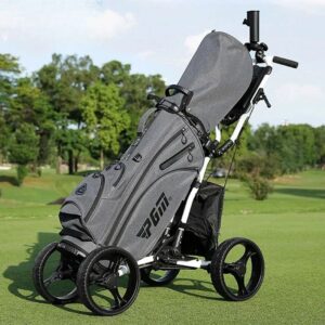 PGM Foldable Golf Bag Cart Four Wheels Aluminium Alloy Trolley with Umbrella Holder Bottle Cage Fixing Rope Manual Brake QC005