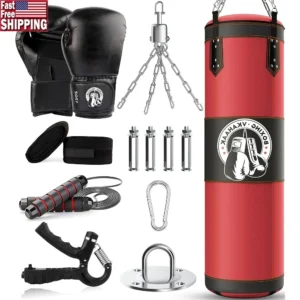 4FT Unfilled Punching Bag Set with Gloves Chain Hanger Boxing Training MMA Fitness Durable Adults Kids