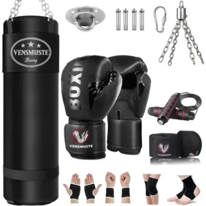 Heavy Punching Bag with 12oz Gloves Fitness Kit Boxing MMA Kickboxing Training Durable Shock Absorption Material Includes Wraps